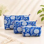 Blue Floral Block Print Quilted Pouch Set