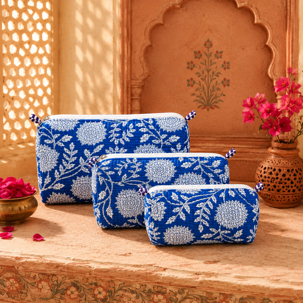 Blue Floral Block Print Quilted Pouch Set