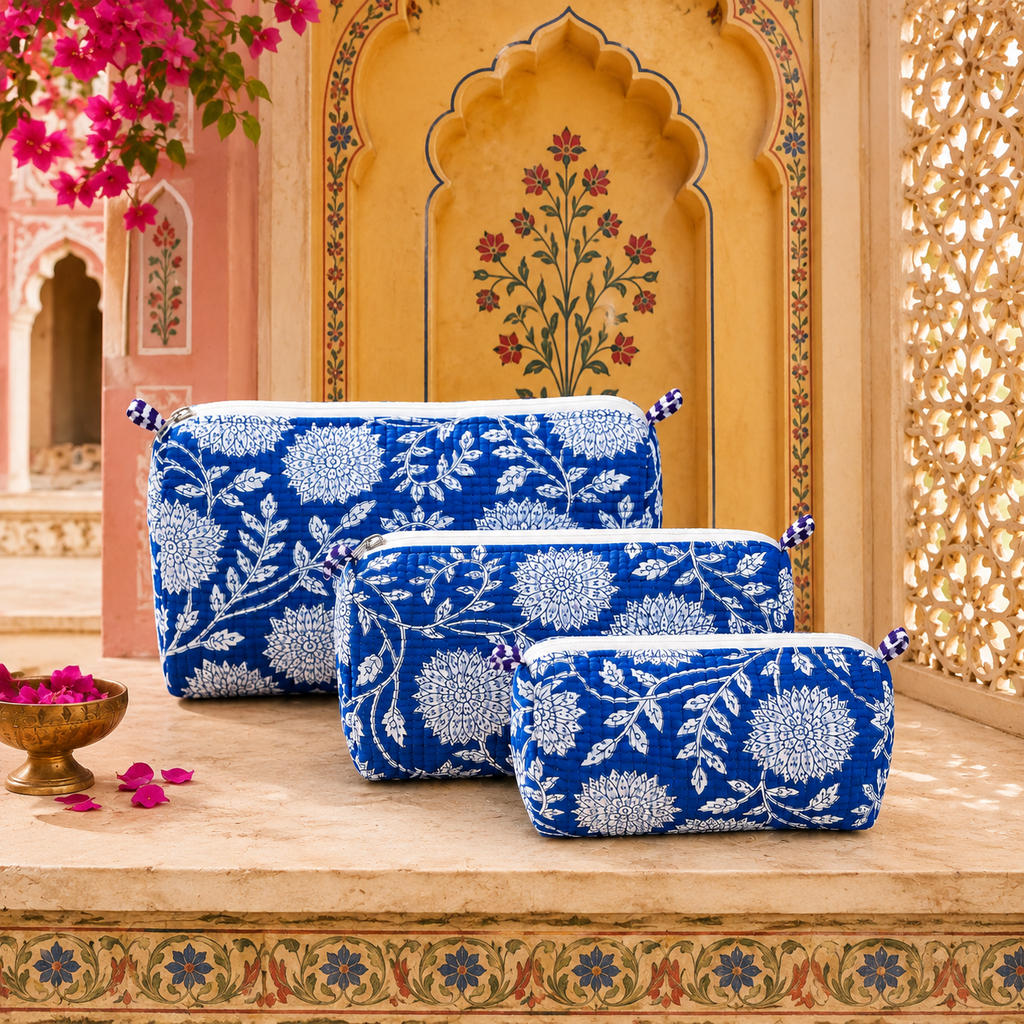 Blue Floral Block Print Quilted Pouch Set