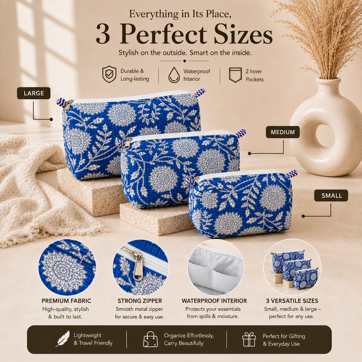 Blue Floral Block Print Quilted Pouch Set